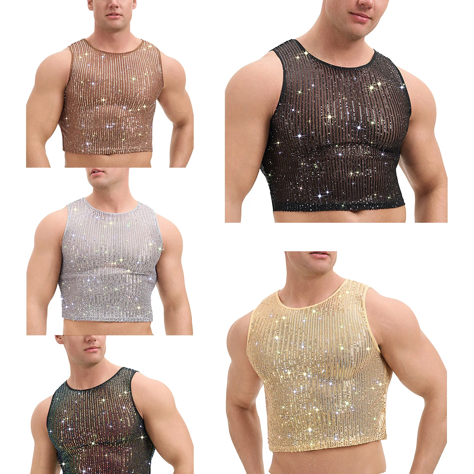 

Men Pole Dance Performance Vest Sheer Mesh Shiny Sequin Stretchy Crop Tank Tops Nightclub Rave Party Music Festival Clubwear