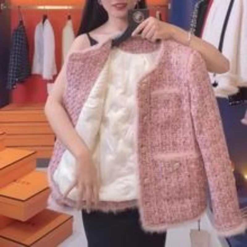 Dámský podzimní zimní nový jednobarevný styl s malou vůní, módní svrchní oblečení, zesílený tvídový elegantní zeštíhlující top, dámská bunda - náhled 4