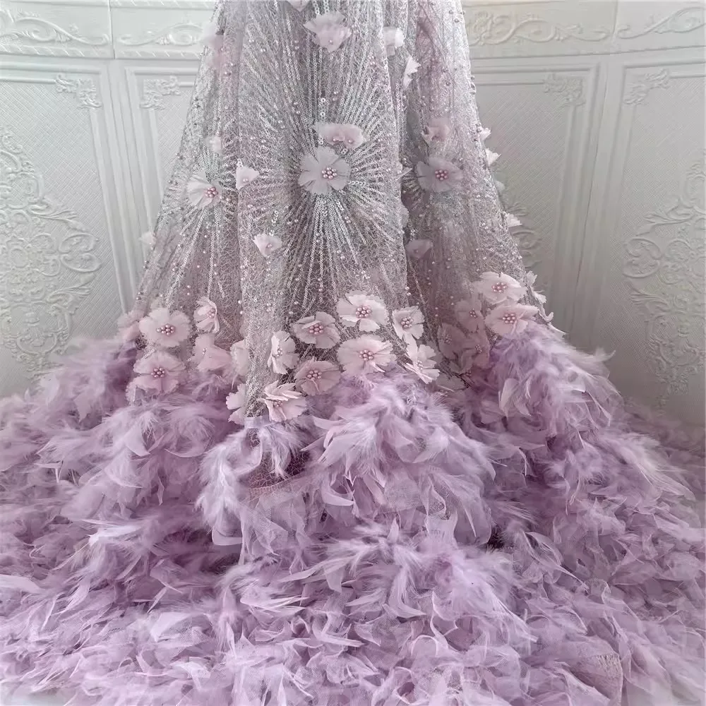 

High End Nail Bead Sequin Lace Three-Dimensional Flower Full Mesh Gauze, Feather Bottom Wedding Dress Fashion Show Fabric