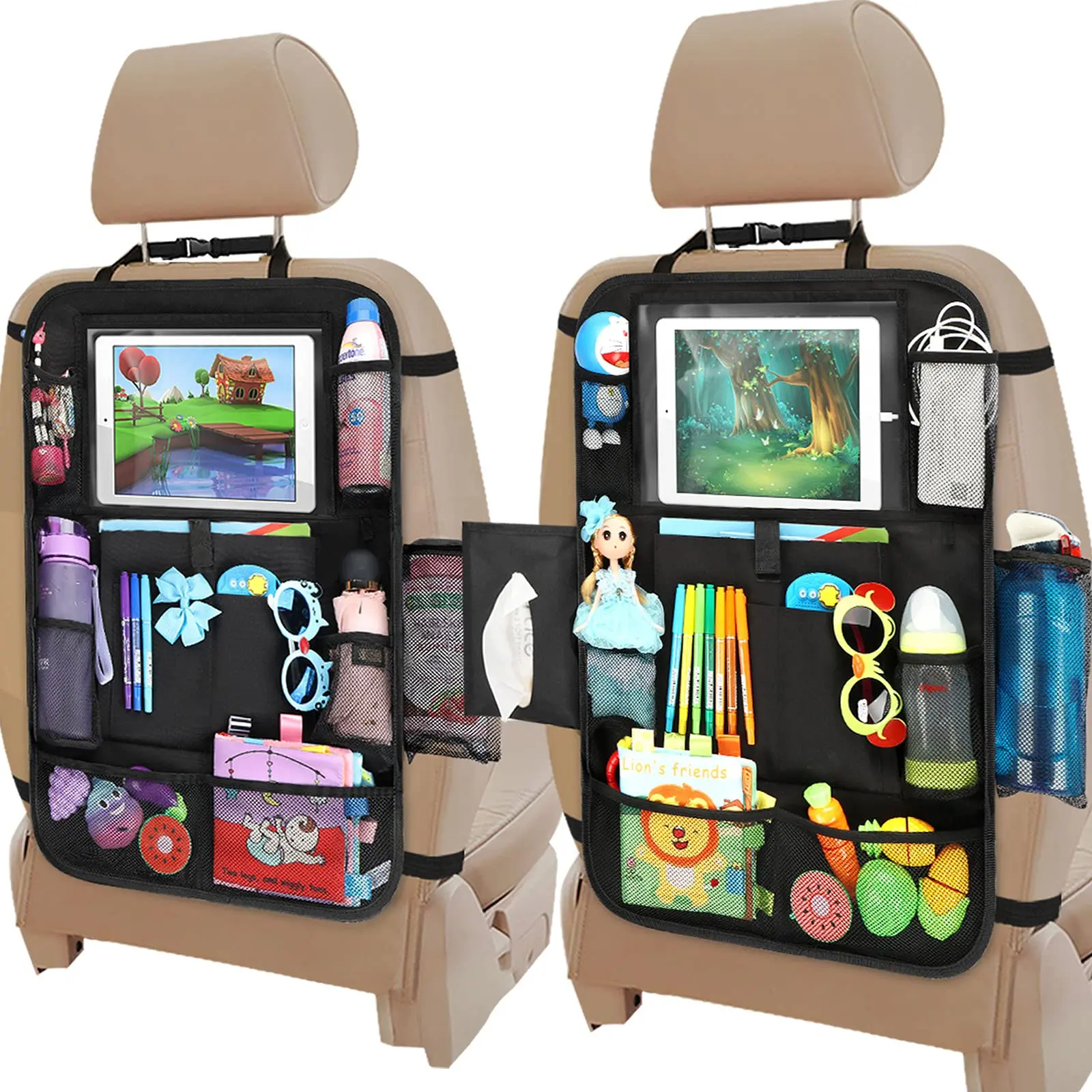 

Backseat Car Organizer With Touch Screen Tablet Holder Car Back Seat Cover Kick Mats Protector Storage Pockets Trip Kids Travel