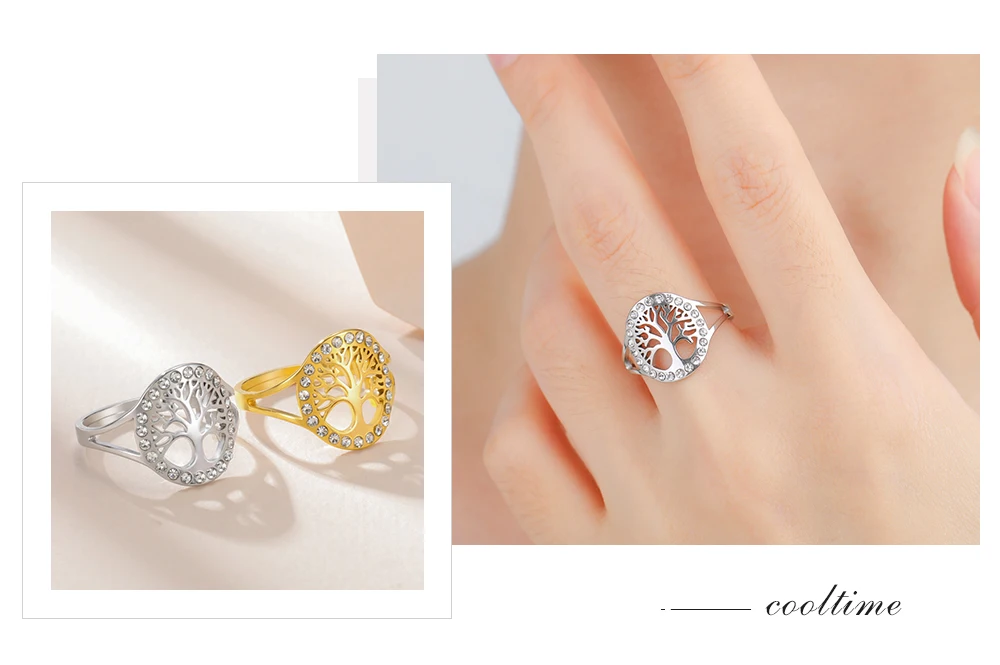 COOLTIME Baum des Lebens Klarer Zirkon Ring Edelstahl Verstellbar Damen Amulett Fingerringe Schmuck Geschenk – Detail 8