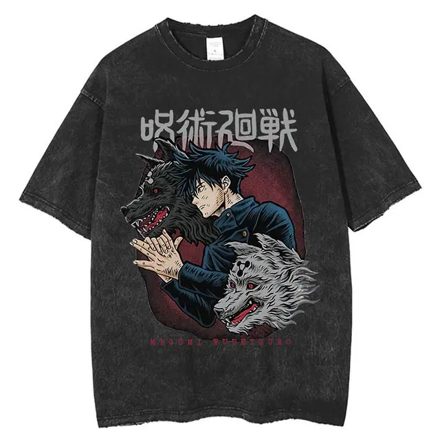 

Футболка Jujutsu Kaisen в стиле стритвир, черная, с эффектом потертости, оверсайз, с коротким рукавом, для повседневной носки, с изображением Фушигуро Мегуми и Шикигами