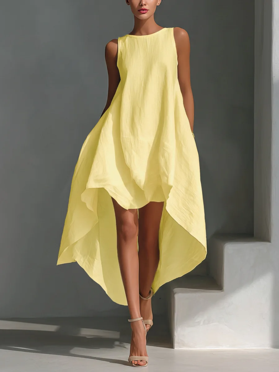 Summer Elegant Solid Dresses Womens Casual O Neck Sleeveless Irregular Loose Big Hem Maxi Dress Pocket Holiday Party Dress - Image 3