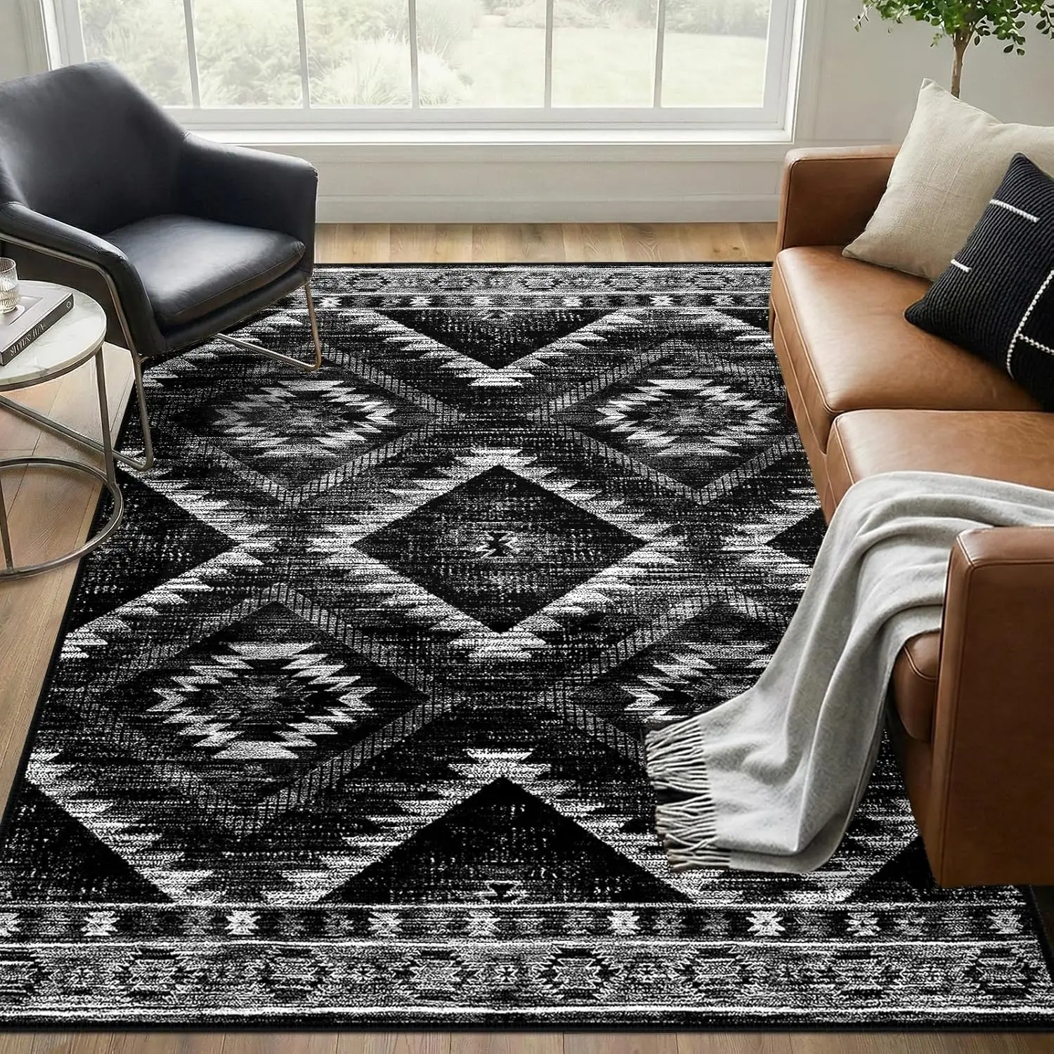 Bohemian Tribal Geometric Pattern Area Rug, Non Slip Soft Floor Mat for Living Room Bedroom Balcony Home Indoor Decoration