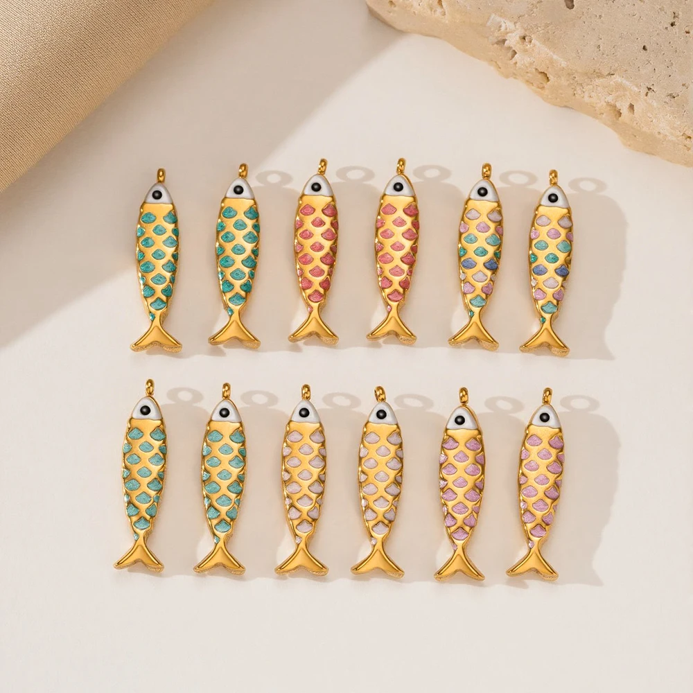 2 Stück/5 Stück Edelstahl-Ozean-Schmuckanhänger, 18K vergoldet, Emaille-Fisch-Tier-3D-Anhänger für DIY-Halsketten-Schmuckherstellung – Detail 7