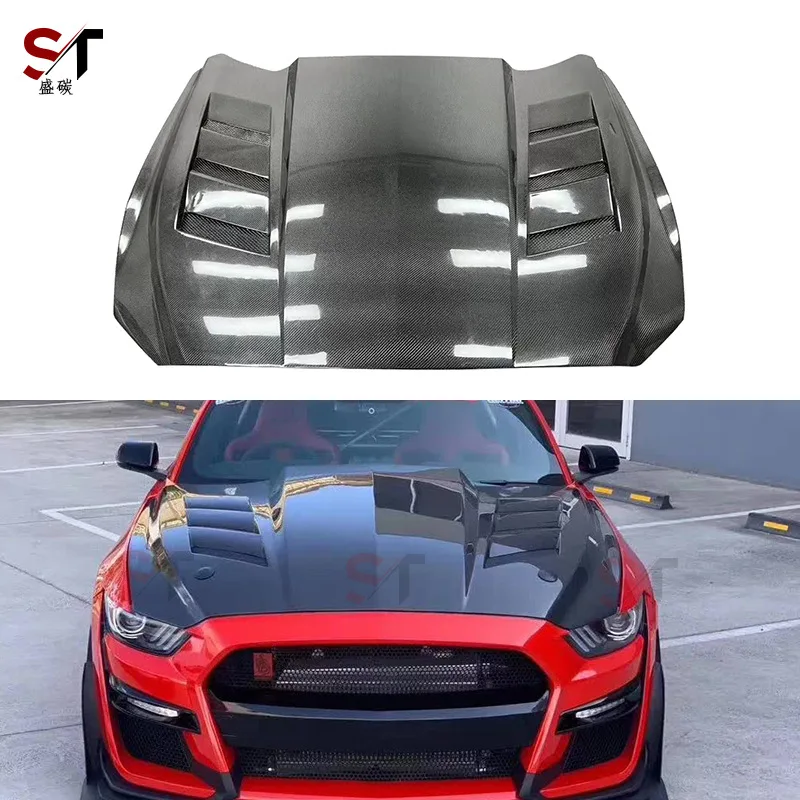 

Подходит для Ford Mustang 15-17, крышка из углеродного волокна, капот переменного тока, модифицированный перфорированный головной убор Mustang, окруженный