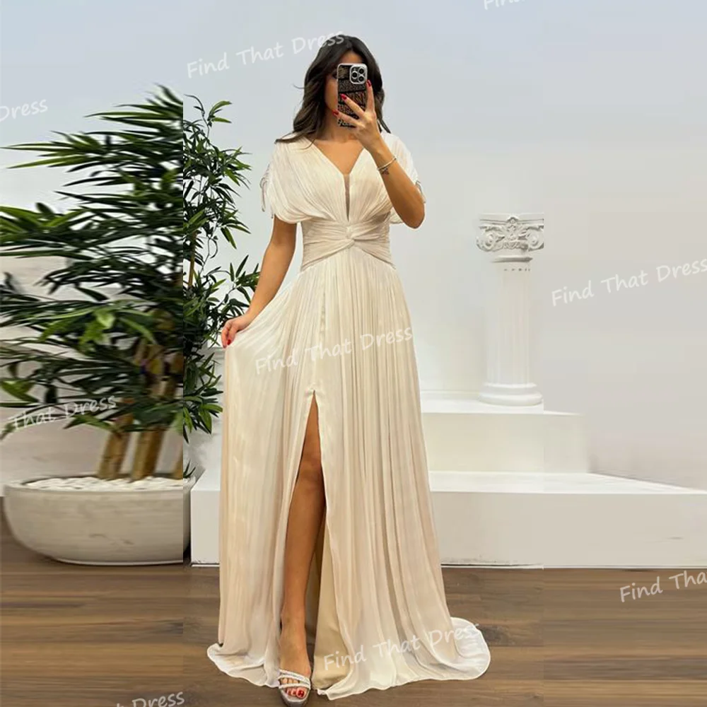 カスタムメイド Vネック シフォン ティアード プリーツ Aライン サイドスリット バックレス イブニングガウン マキシ クリスクロス サウジアラビア ドレス トレーン付き