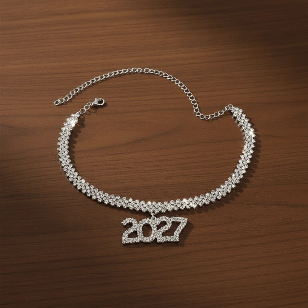 Elegant 2027 Digital Necklace Rhinestone Number Pendant Happy New Year Necklace Shiny Luxurious Collarbone Chain Choker Daily