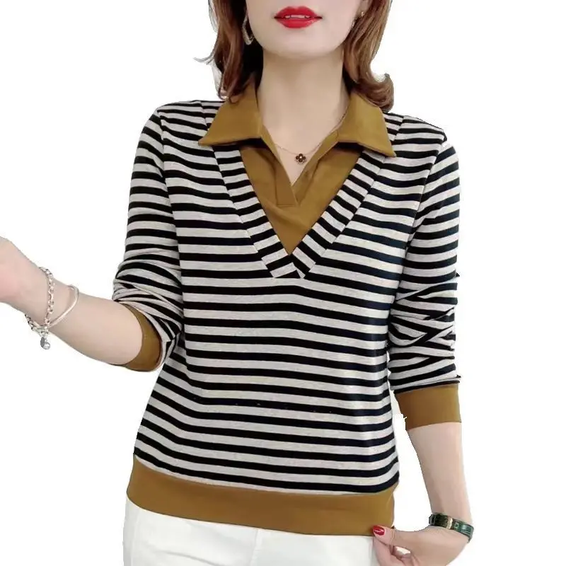 Casual Polo-Neck Striped Print Sweatshirts for Female 2023 Autumn Fashion Korean Long Sleeve Loose Fake Two Pieces Pullovers Top