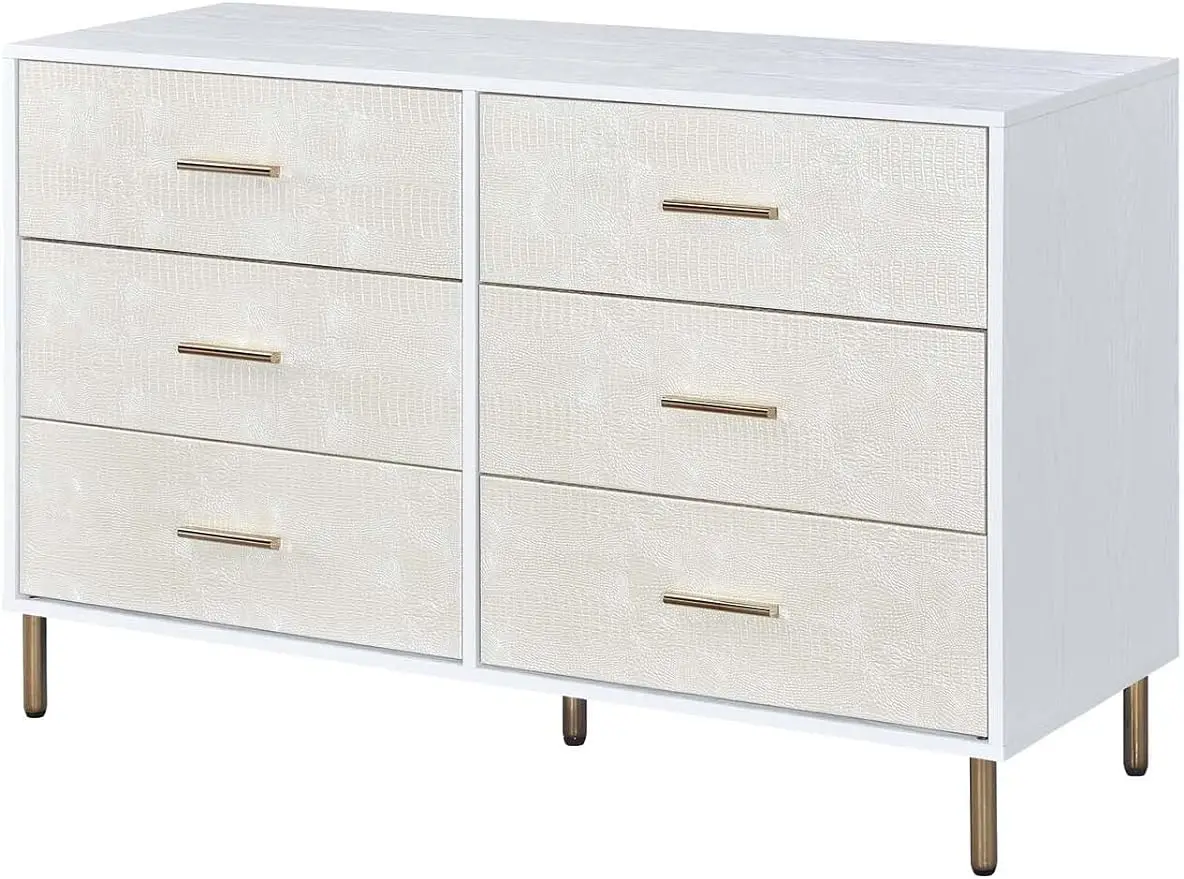 

6 Drawers Wooden Dresser, White, Champagne and Gold