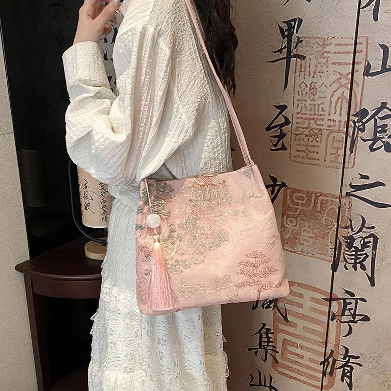 New Chinese Style Retro Bag2024 New Models Silk Jacquard Fashionable Minimalist Bag Single Shoulder Diagonal Cross Women's Bag