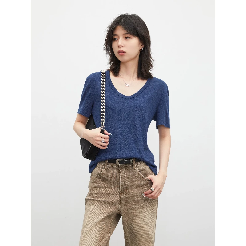 CHIC VEN Fashion Women T-Shirts Slim Basic Large U-neck Short Sleeved Tees Knitted Thin Female Top Pullover Spring Summer 2026