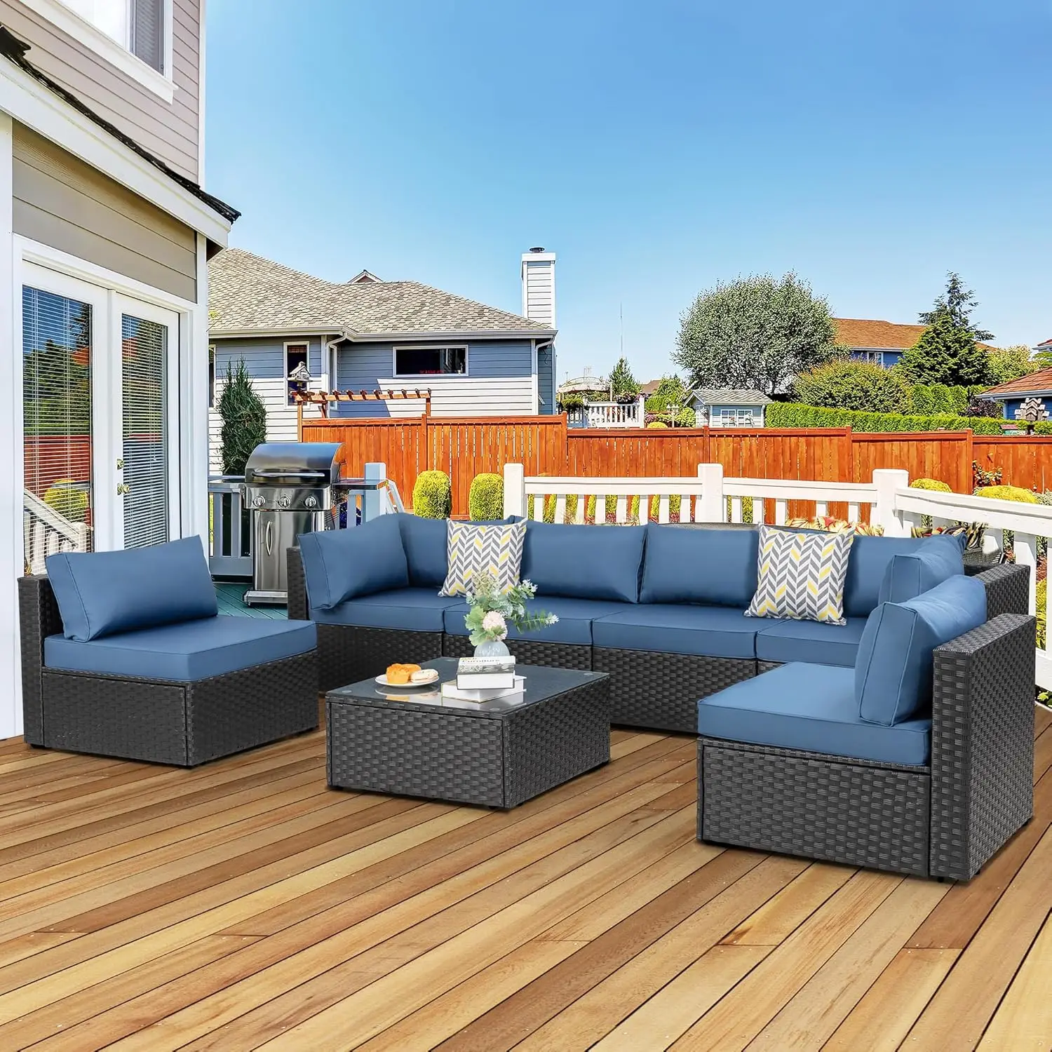 7-Piece Outdoor Patio Furniture Sectional Set, Black Wicker Rattan with Tea Table, Aegean Blue Conversation Set.