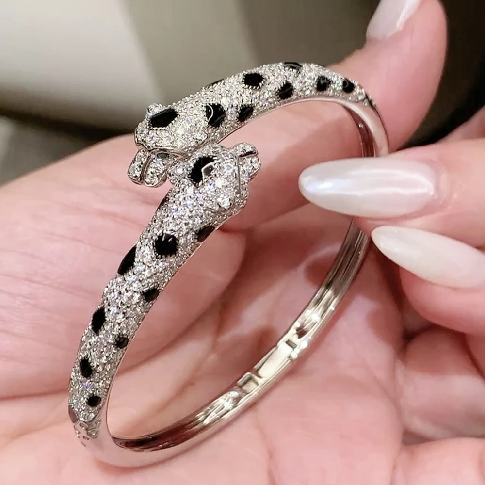 AYJEWELRY Slim Half Zircon Double Black Leopard Cuff Bangles Bracelets Silver 925 Panther Jewelry for Women Party Gifts