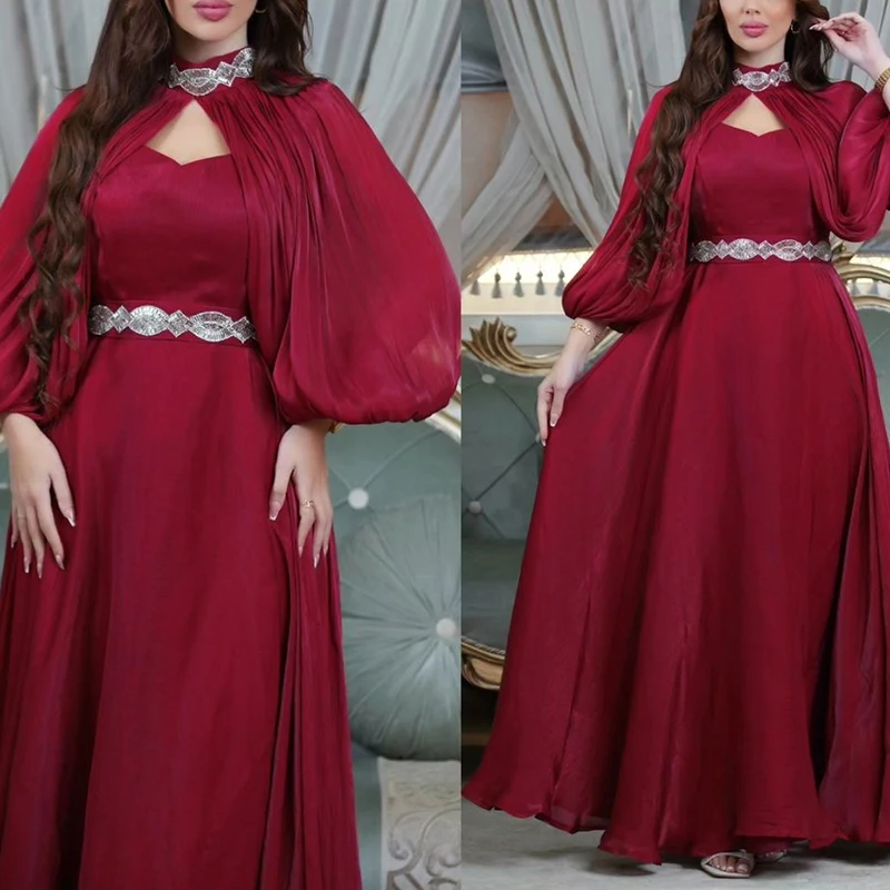 Ensemble de robe de couleur vive diamant style Banquet, manches longues, couleur unie plissée, ensemble deux pièces décontracté, haut à col rond et jupe longue