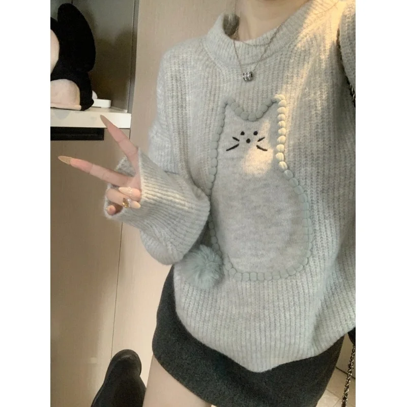 Koreański sweter z okrągłym dekoltem, haftowany, długi rękaw, damski, zimowy, nowy, luźny, wyszczuplający, dzianinowy, do noszenia przez głowę, casualowy, do pracy.