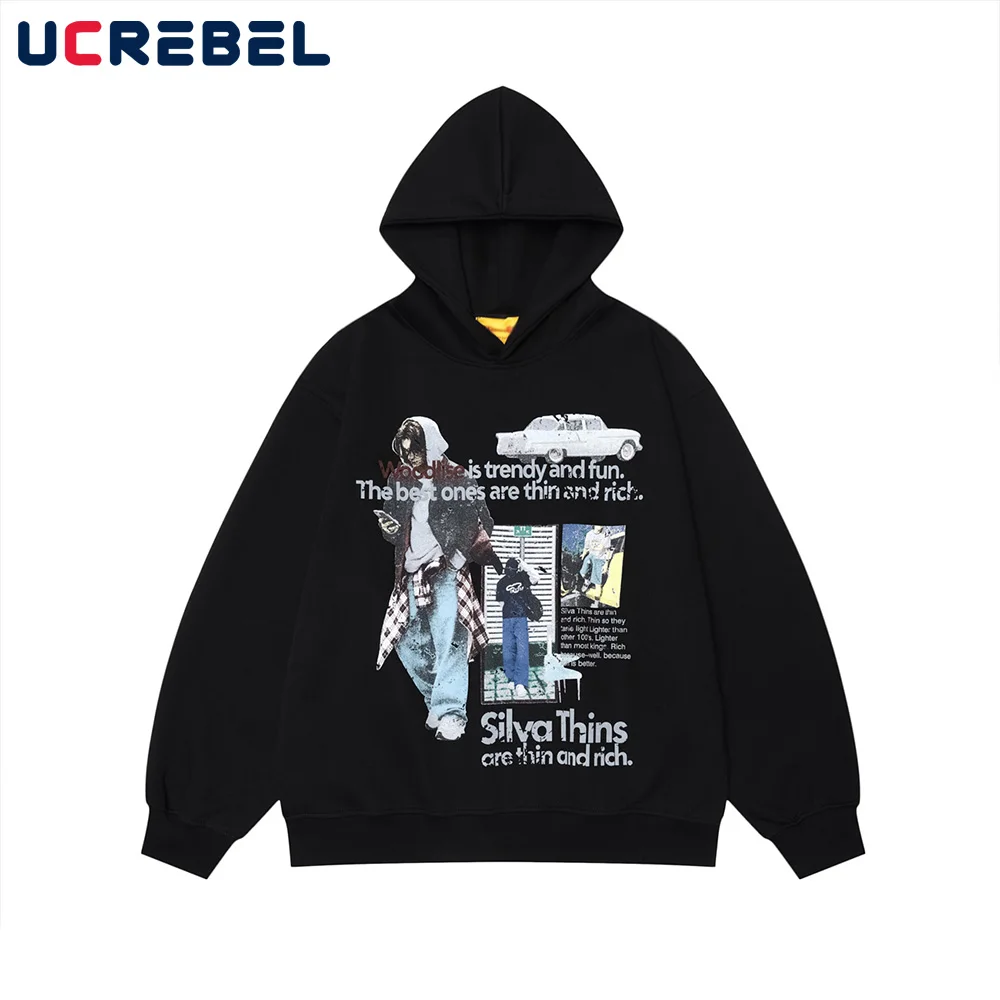 

Streetwear Portrait Print Hooded Sweatshirts Mens Pocket Autumn Loose Drop Shoulder Long Sleeve Hoodies Men