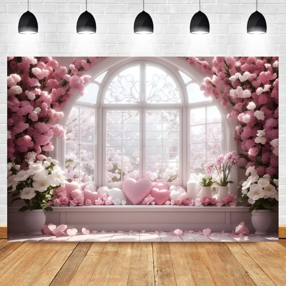 Pink Flowers Garden Arched Floor-To-Ceiling Windows Valentine\'s Day Photography Background Baby Girls Portrait Indoor Backdrop