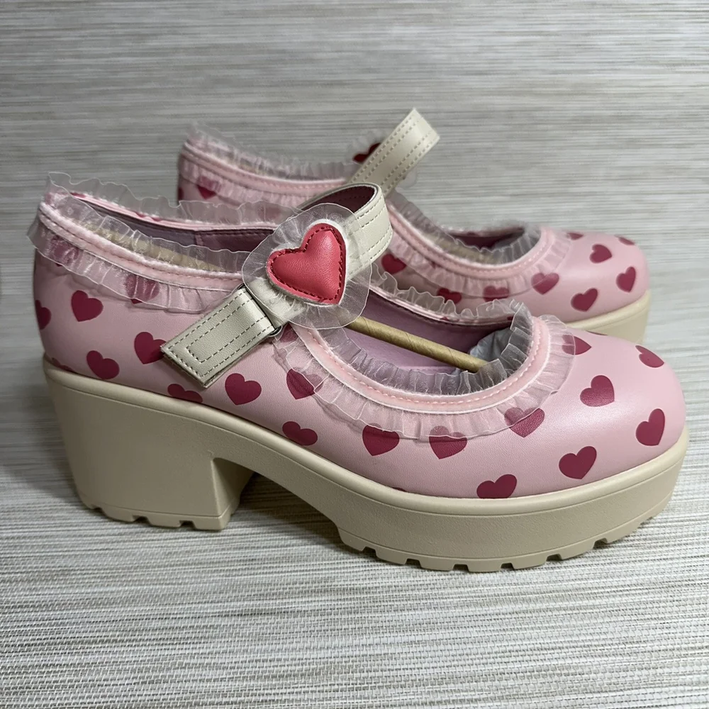 Sweet Lolita Style Pastel Pink Heart-Print Mary Jane Heels Heart Buckle Lace Trim Chunky Platform Block Heel Round-Toe Shoes view 5