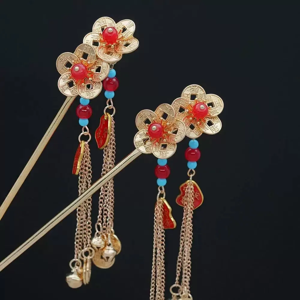 

New Chinese-style high-end hairpin, Chinese-style copper coin flower-shaped hairpin, women's ancient-style tassels