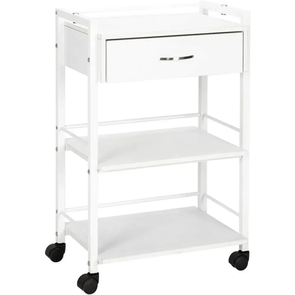 

Wooden Rolling Storage Station, White Mobile Utility Cabinet with 1 Drawer 2 Trays, Medical Esthetic Supply Holder