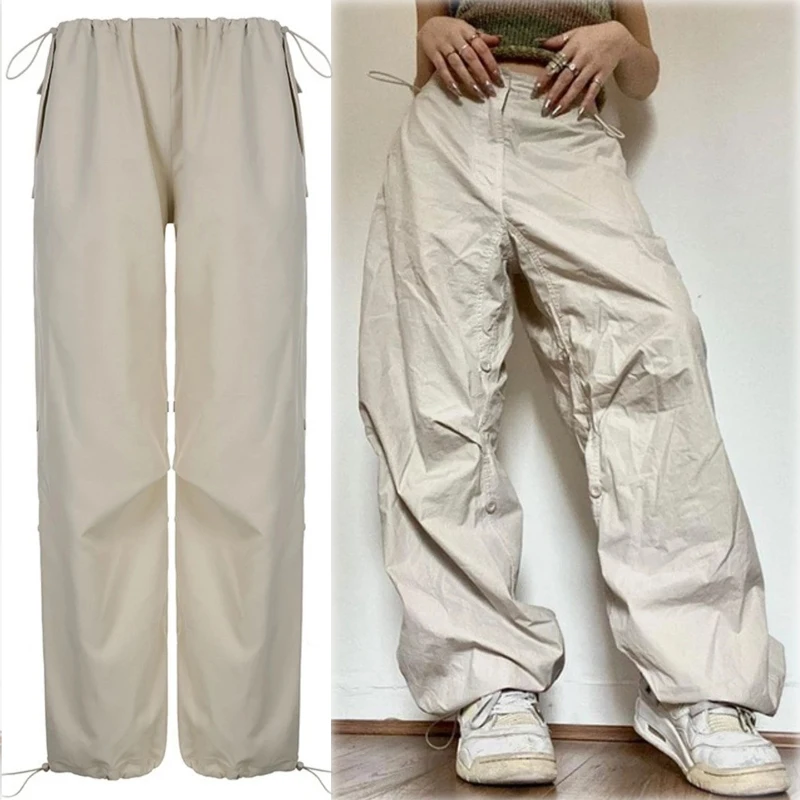 

Women Y2K Cargo Pants Solid Low Waist Sweatpants Drawstring Wide Leg Baggy Trousers 2023 Summer Streetwear Punk Casual Tech Pant