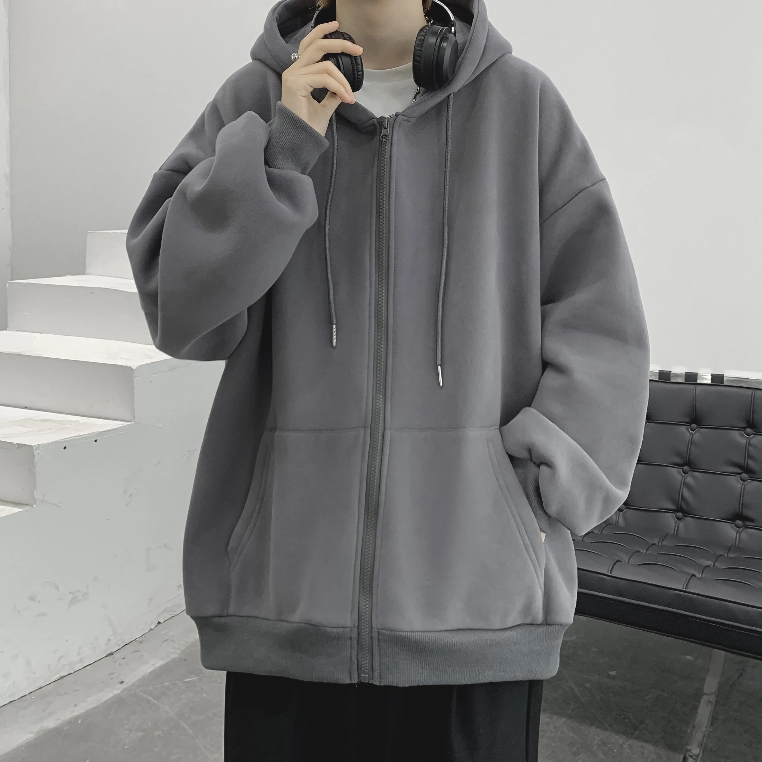 

Loose Men's Hooded Cardigan Sweatshirt American Retro Style Spring Autumn Fashionable Casual Outerwear Comfortable Top