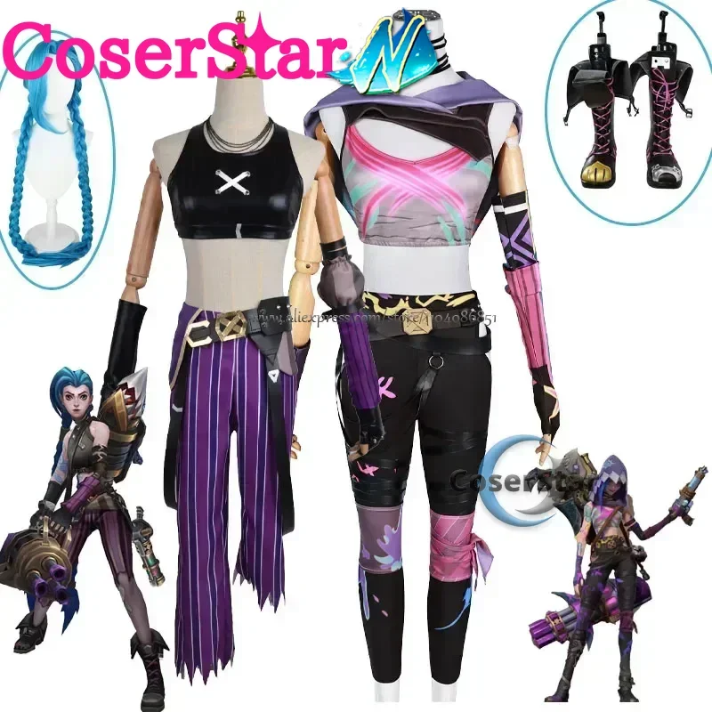 Coserstar-n em estoque jogo lol arcane 2 canhão solto jinx cosplay traje crit prodigy jinx cosplay pele roupa peruca traje feminino