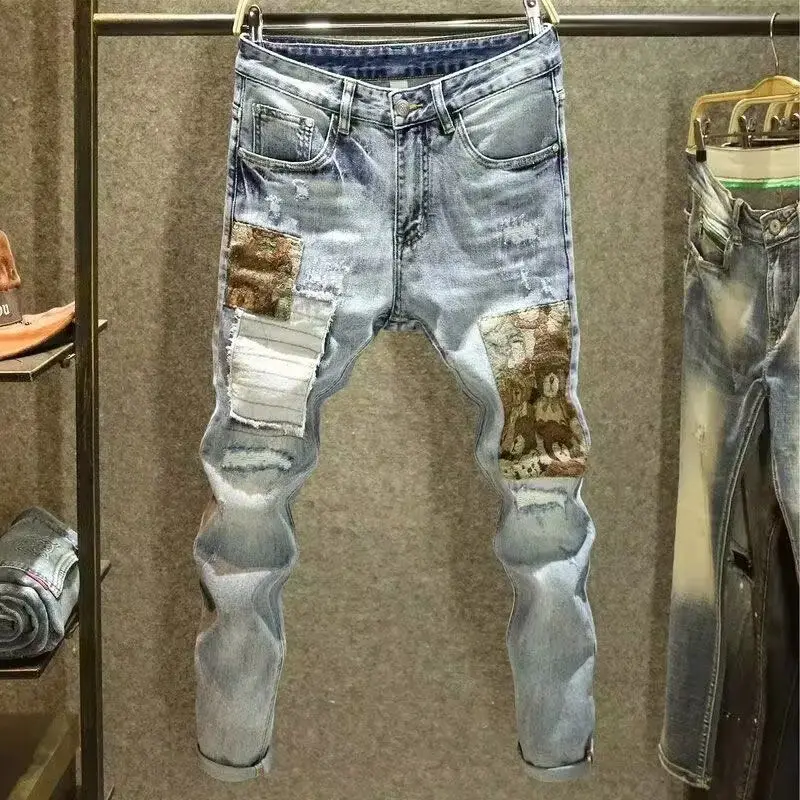 

Korean Men's Clothing Workwear Block Patchwork Men's Stretch Jeans Bear Patch Designer Spring Autumn Casual Style Men's Trousers