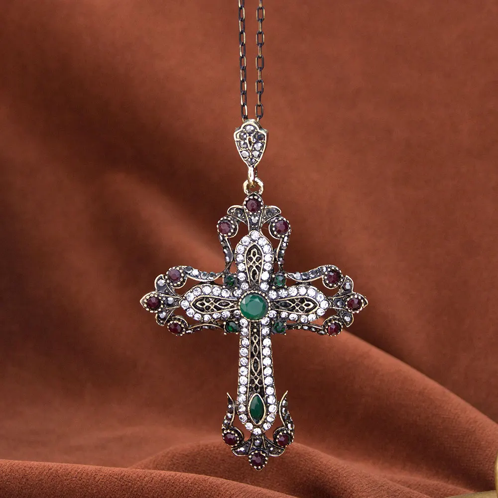 Sunspicems Vintage Flower Cross Necklace For Women Religious Jewelry Antique Gold Color Turkish Cross Pendant Necklace