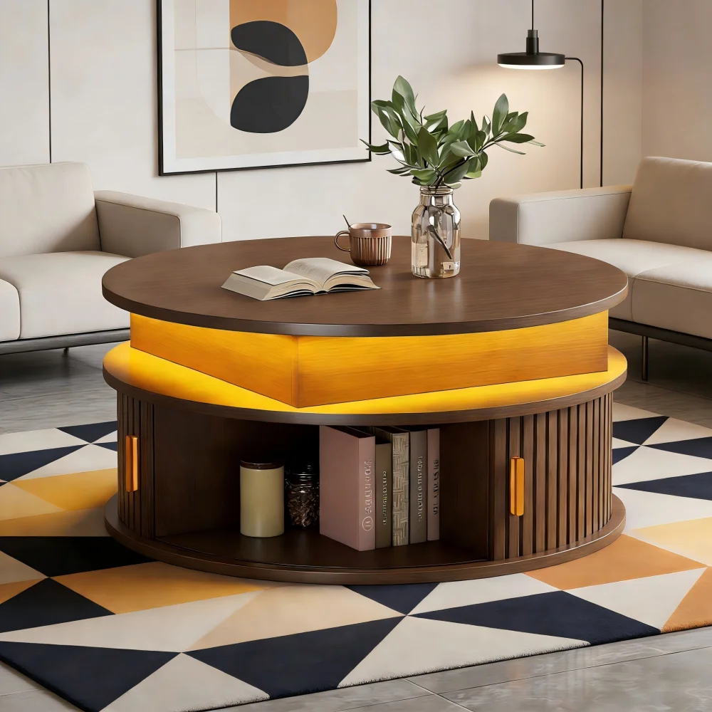 Tavolino da caffè rotondo in noce, design moderno, con altezza regolabile, ideale come tavolino laterale per divano o tavolino da tè, dotato di due ante scorrevoli che offrono spazio di archiviazione