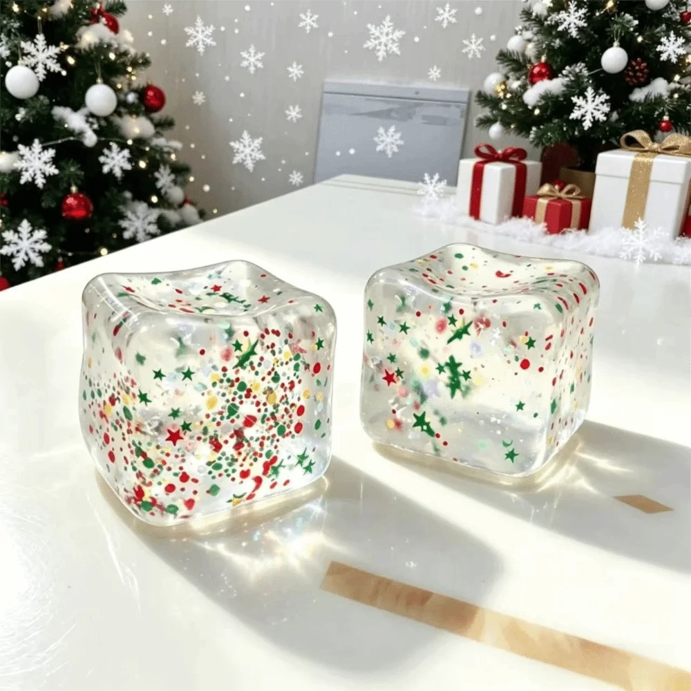 Slow Rebound Christmas Maltose Stress Relief Ice Cubes with Sequins Transparent Squishy Sensory Stress Cubes Stretchable
