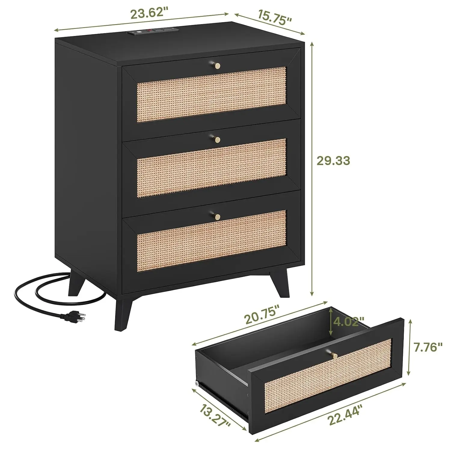 Rattan Nightstand Set 2 with Charging Station & 3 Drawers, 29 Inch Bedside Table with USB Ports & Outlets, Customized