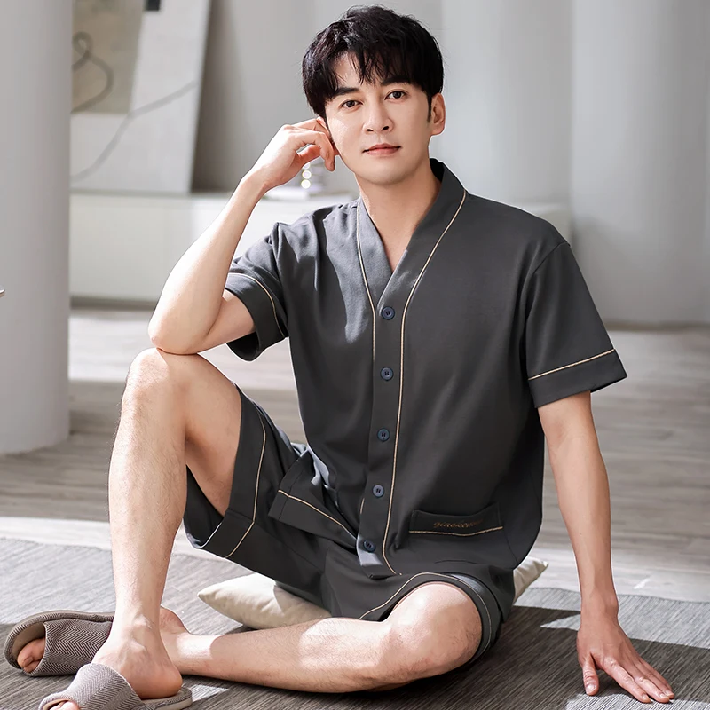 

Short Sleeve Pajama Set Summer Men's Cotton Cardigan Kimono style Sleepwear Thin casual Shorts Nightwear Male Home Clothing 4XL