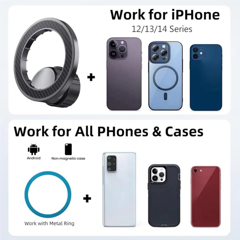 Magnetic Ring Phone Holder Mount 360° Adjustable - 17mm Ball Head Compatible iPhone 14 13 12 for Car Vent Dashboard Windshield