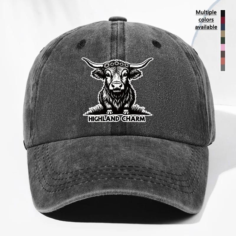 A Unisex Calfskin HIGHLAND CHARM Animal Print Washed Vintage Baseball Cap, a Stylish Outdoor Hat for Men and Women with an Adjus