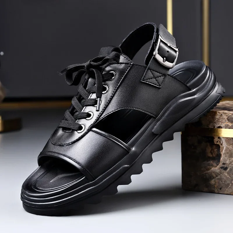 Platform Men's Gladiator Sandals Summer Genuine Leather Shoes Man Slippers Non-slip Bottom Casual Business Shoes For Men Summer