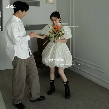 LISM-vestidos de novia sencillos de Corea, mangas cortas cuadradas abombadas, vestidos de novia personalizados hasta la rodilla, vestido Formal para sesión de fotos