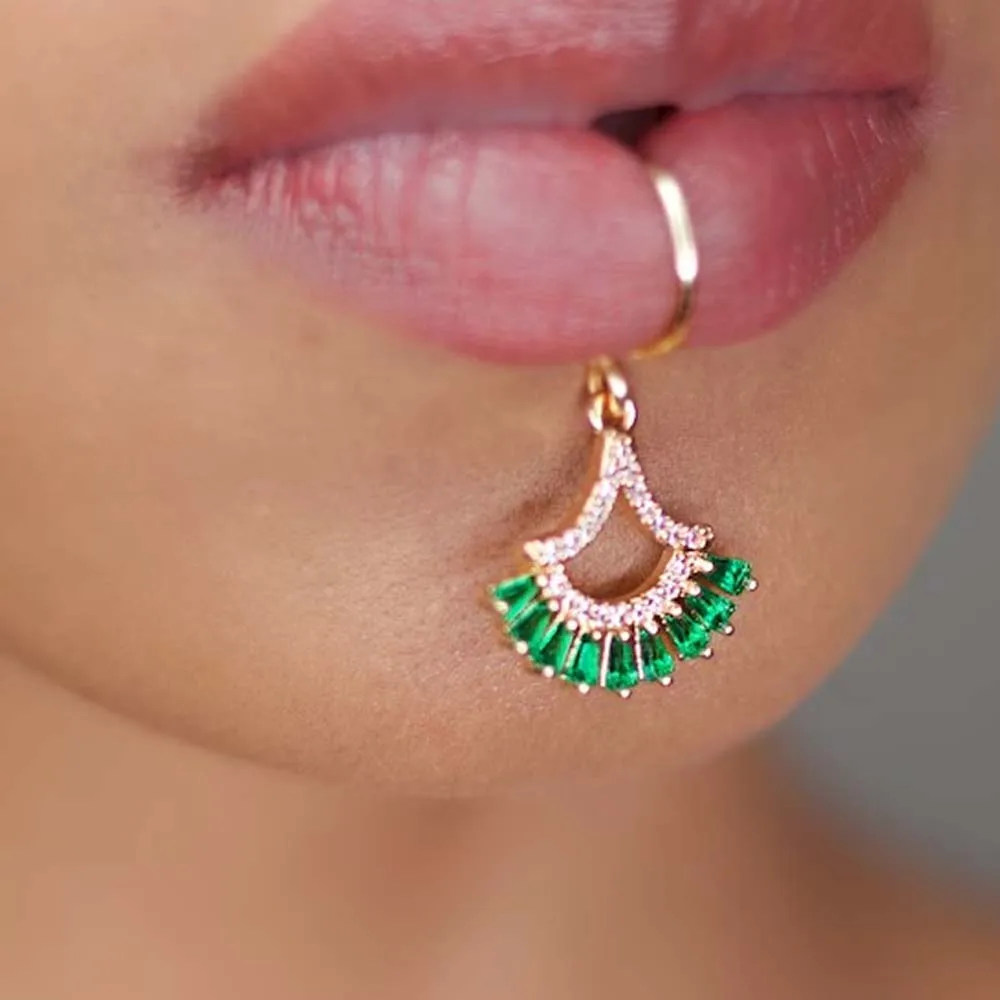 Stonefans Green Crystal Dangle Lip Cuff No Piercing Needed Lip Ring Faux Piercing Sexy Fashion Beach Bikini Pendant Lip Hugger