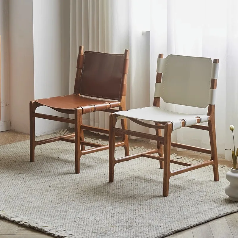 Saddle Leather Dining Brown White Restaurant Solid Wood Dining Chair Backrest Book Table Casual