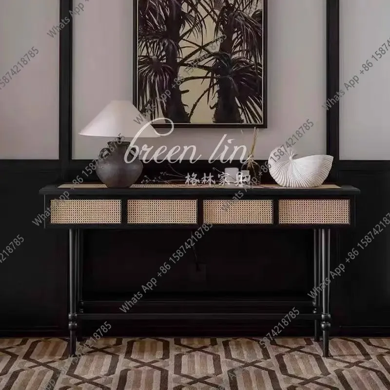 N68 French braided rattan entrance table/retro old partition entrance cabinet/modern solid wood sofa side table