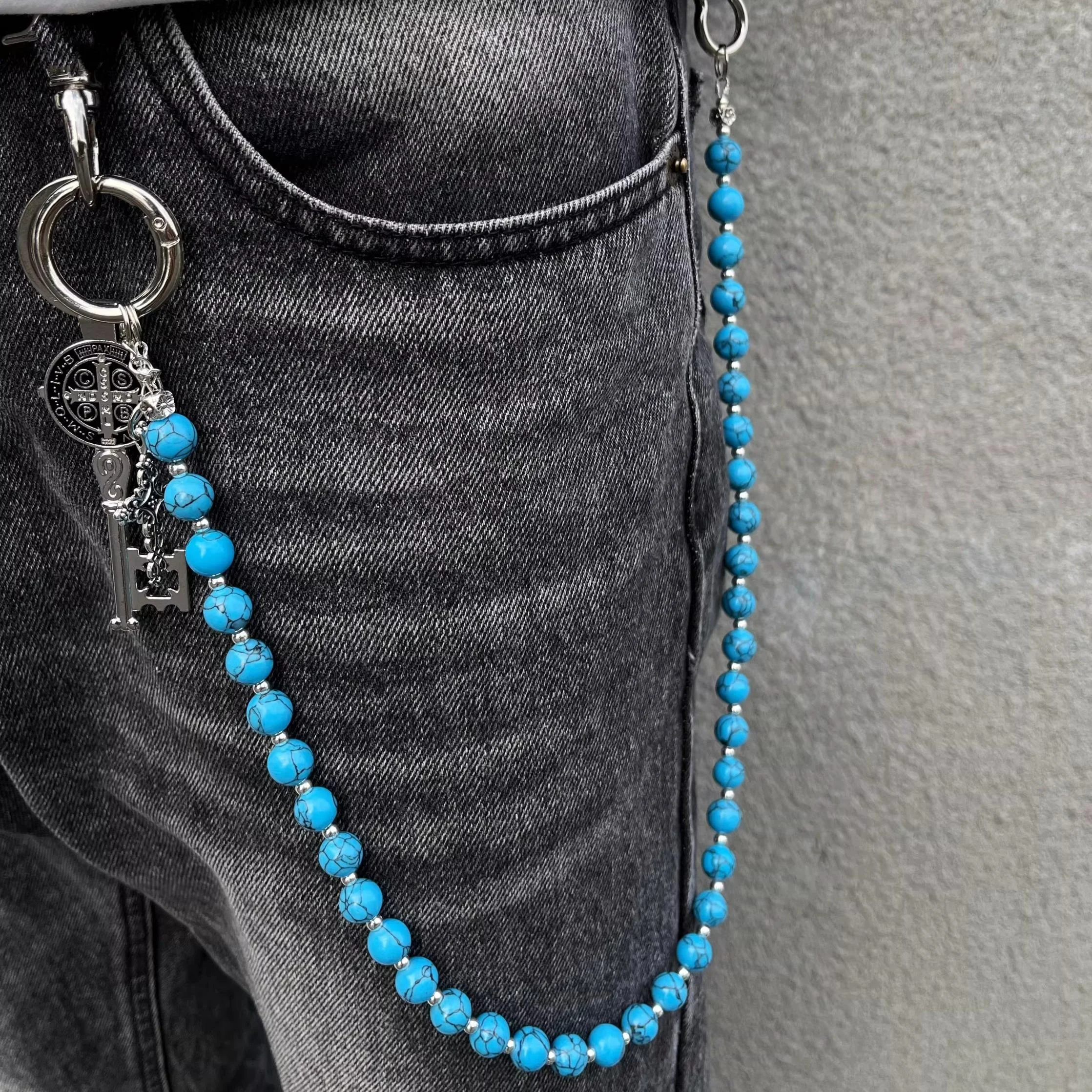 Original Fashion Punk Style Pants Chain Blue Split Stone Beads Cleanfit Cross Key Jeans Accessories