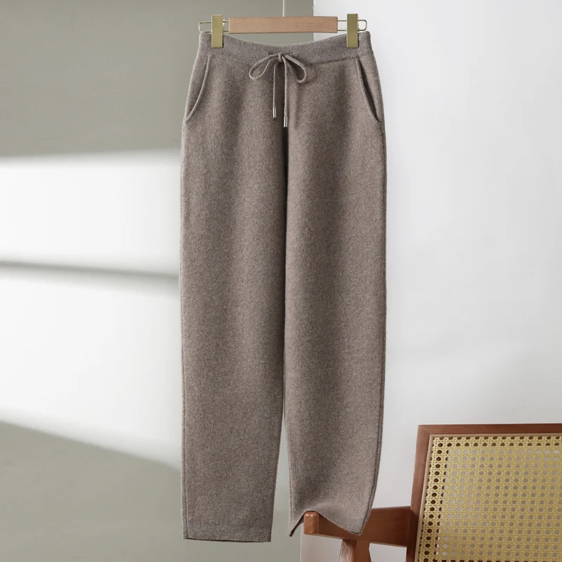 Women's Wool Pencil Pants High Waist Simple Style Office Lady Trousers 100% Merino Wool Knitwear Autumn Winter Female Pants Tops