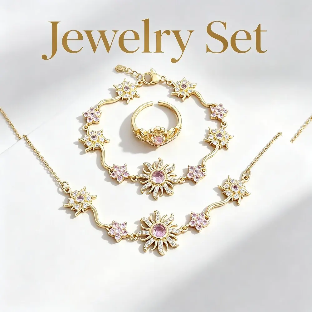 1 Set AENSOA Damen Schmuckset aus Kupfermaterial, Armband, Halskette und Ringe, zierliche Zirkon-Handkette, klassisches romantisches Schmuckgeschenk – Detail 2