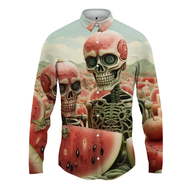 Originalità arte uomo primavera e autunno moda camicia con bottoni da uomo 3D scheletro camicia grafica camicia a maniche lunghe da uomo hawaiana