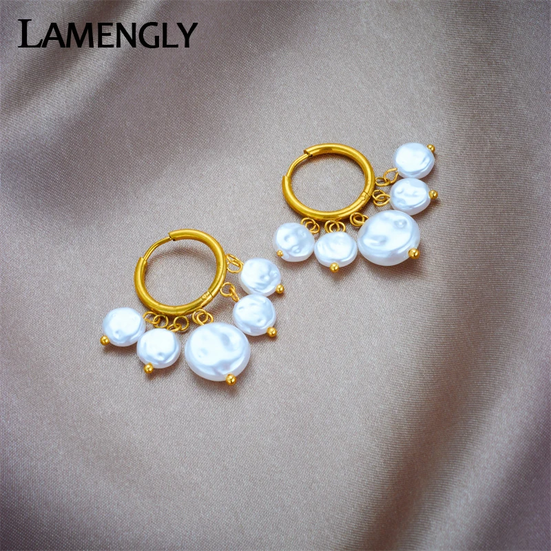 LAMENGLY 316L Stainless Steel Pearl Tassel Pendant Earrings For Women Girl New Fashion Ear Buckle Party Waterproof Jewelry Gifts