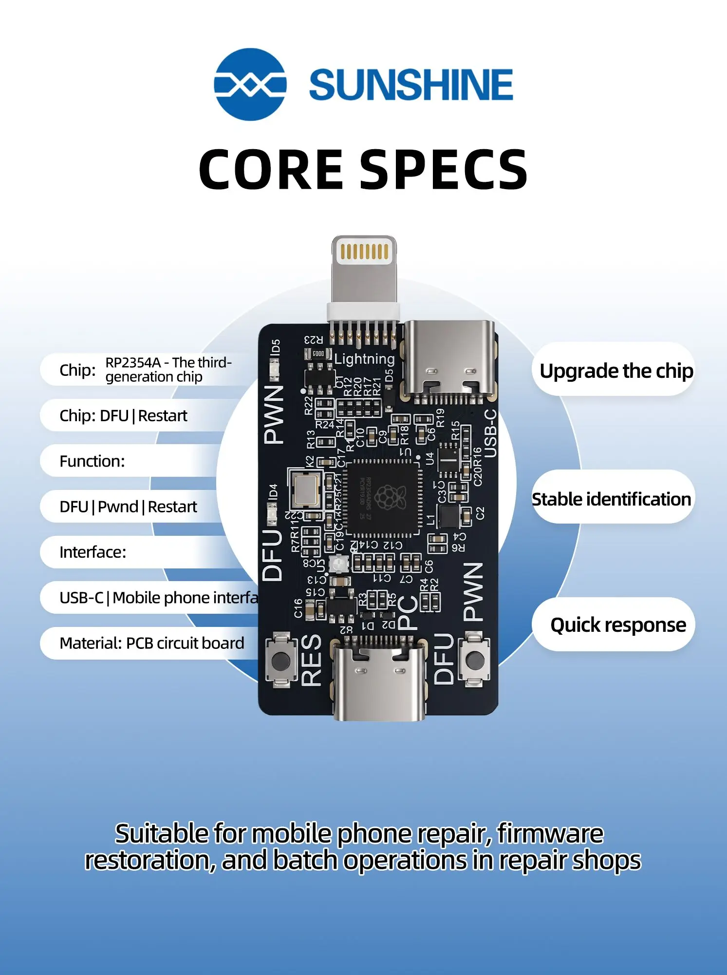 SUNSHINE RP2354A Pico DFU Engineering Board One‑Click DFU PWND Tool for iPhone XR‑11Pro Max iPad Repair