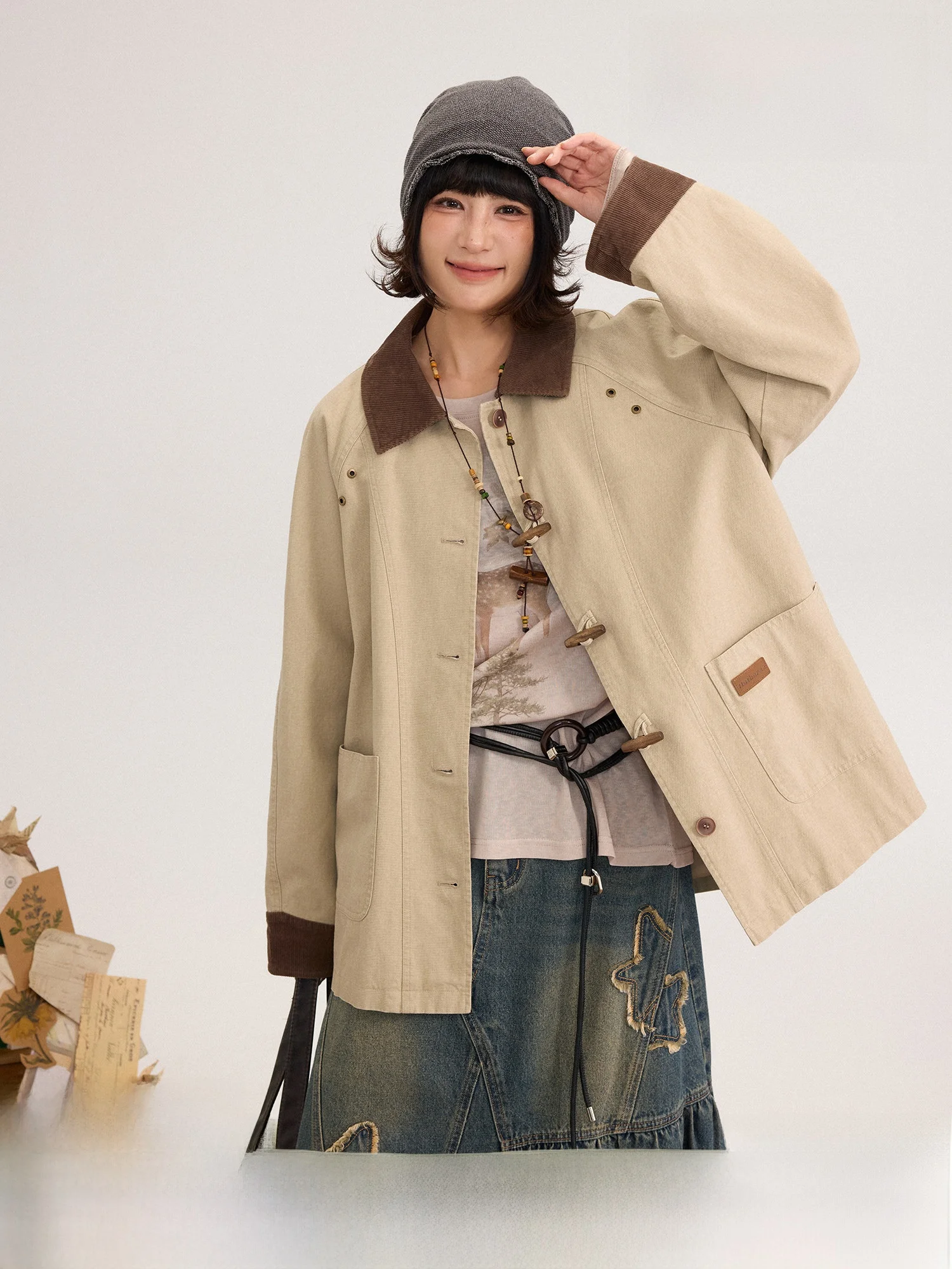 

Retro Sle Cotton Velvet Jaet with Button Closure Color Blo Design Long Sve Women's Spring Faion Outerwear