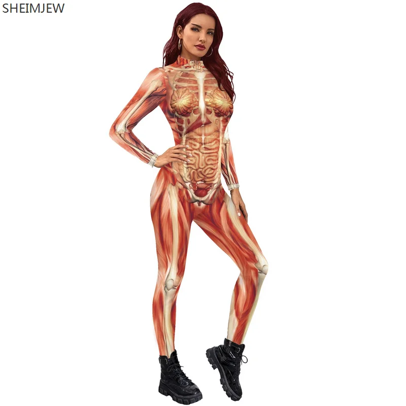 Halloween Skeleton Long Sleeve Jumpsuit 3d Printed Adult Bodysuit Women Sexy Slim Elastic Zentai Suit Anime Cosplay Catsuits New