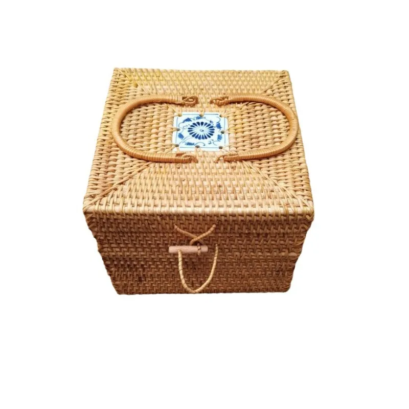 Suitable for Rattan Weaving Pure Hand-woven Square Suitcase Tea Set Box Tea CakeBox StorageBox Picnic Take-out